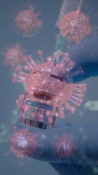 Medical professional drawing a tetanus vaccine dose into a syringe with overlaying virus graphics for vaccination and disease prevention.