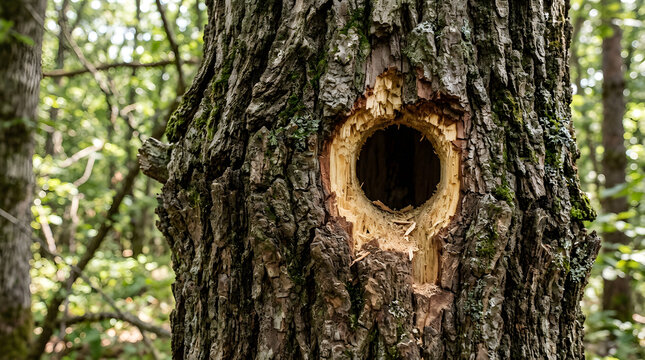 A large hole carved by a woodpecker in the trunk of a tree in a forest