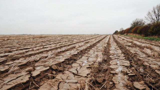 Freshly ploughed heavy clay field with dried clods and chopped straw stubble