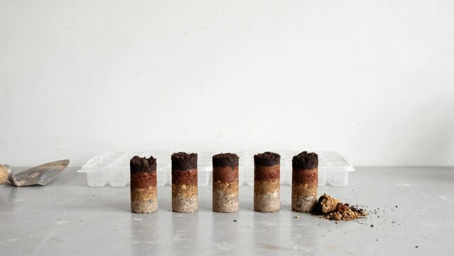 Five soil cores laid in a row on a laboratory bench showing layered horizons