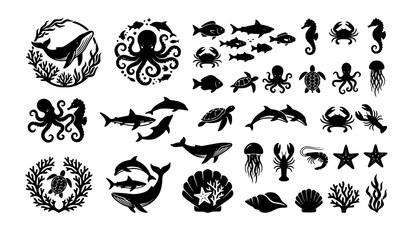 Obraz premium sea, animal, marine, whale, octopus, shark, dolphin, jellyfish, crab, seahorse, fish, coral, icon, set, collection, silhouette, solid, black, vector, symbol, design, illustration, ocean, aquatic, wild