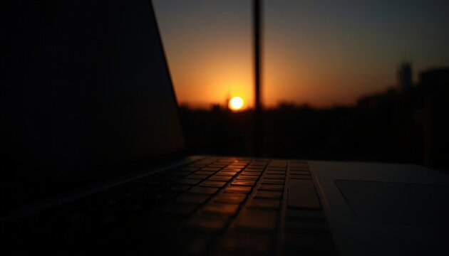 Laptop keyboard silhouette against sunset window view during golden hour with computer hardware evening light backlit silhouette work remote freelance lifestyle office desk technology