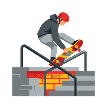 Skateboarder performing trick on urban rail.