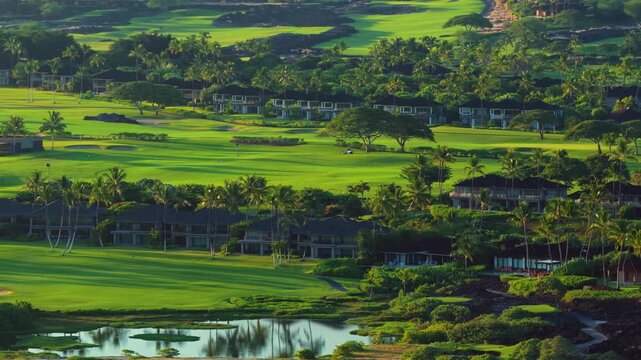 Aerial drone view of lush green golf course fairways on Big Island Hawaii with luxury resort villas palm trees lava rock fields and reflective pond glowing in warm golden evening light.