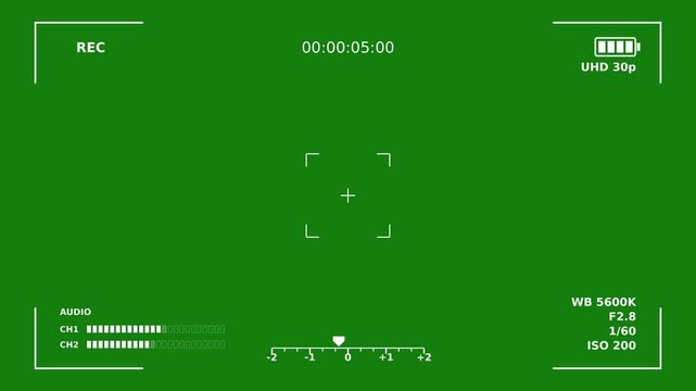 Camera viewfinder REC overlay on green screen with blinking record dot, running timecode, audio meters and battery
