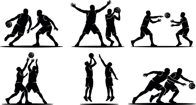 Collection of black basketball player vector silhouettes featuring one on one defense action poses dribbling shooting and competitive court games