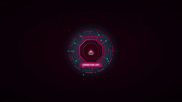 Futuristic HUD interface animation featuring a connection lost error message with server link malfunction warning and fatal error alert in neon magenta and cyan on a dark background