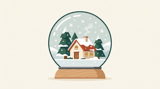 Minimalist Christmas snow globe illustration, winter cabin in glass sphere, flat vector style holiday ornament with pine trees and falling snow