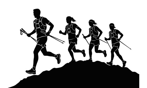 Trail runners silhouette group running on mountain uphill