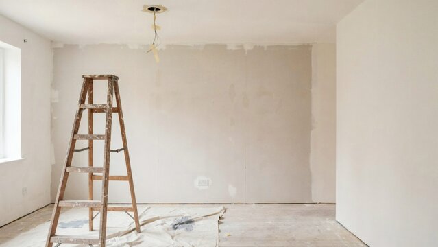 Timber step ladder on a dust sheet in an empty room with the ceiling light removed