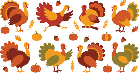 Obraz premium Thanksgiving turkey vector set, autumn harvest bird collection with pumpkins and acorns, flat style holiday turkey illustrations for seasonal design