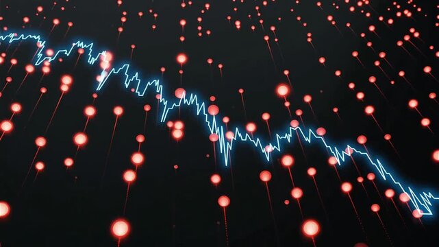 Abstract digital financial stock market graph with declining trend and red warning dots representing economic losses