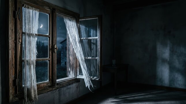 Open Wooden Window at Midnight with Moonlit Hero Banner Layout