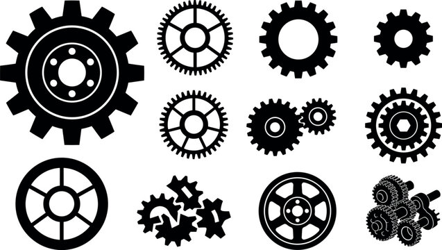 Collection of black gear vector silhouettes featuring industrial mechanical cogs engine wheels and steampunk machinery engineering design elements