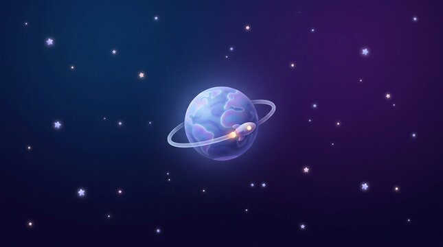 Generative AI 3D artwork of a futuristic planet floating in deep space with a tiny abstract rocket, glowing stars, rounded shapes, and minimal composition.