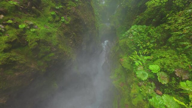 FPV drone descends narrow mossy gorge in Costa Rica where mist rises from rushing river and father with son enjoy standing under waterfall inside lush green tropical rainforest canyon.