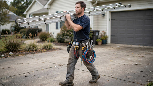 HVAC technician carrying extension ladder across residential driveway dusty trousers