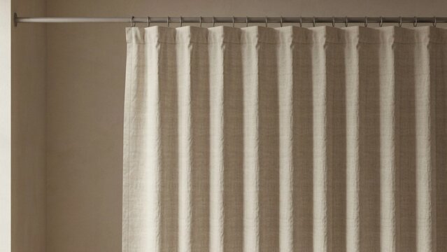 Heavy natural linen curtain hanging in deep folds with a slubbed woven texture