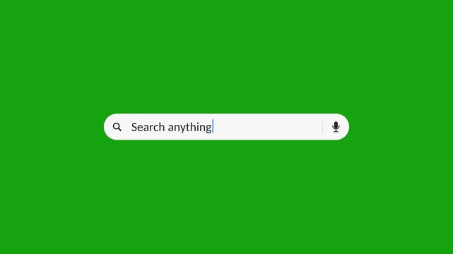 Search bar animation on green screen typing Search anything with suggestion dropdown and microphone icon
