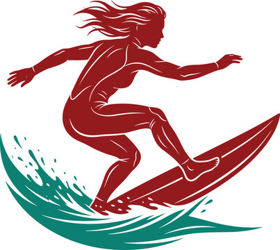Female Surfer Riding Ocean Wave on Surfboard Vector Silhouette Illustration for Extreme Water Sports and Summer Beach Vacation