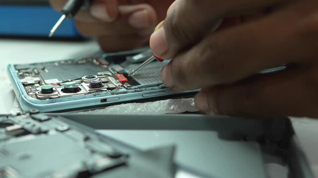 Smartphone diagnostic testing and multimeter probing close up with technician hands