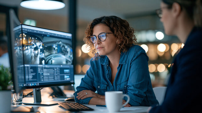 Photorealistic investigator reviewing dash camera footage on desktop monitor, insurance fraud case analysis, no readable interface details, realistic office scene, natural light,