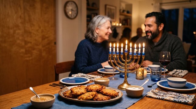 Hanukkah dinner table with potato pancakes and menorah
