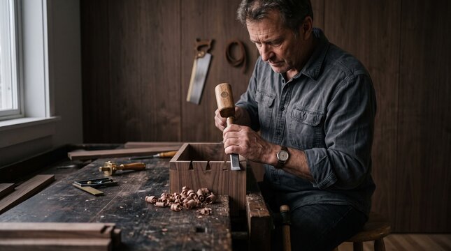 Craftsperson cuts walnut dovetails at a bench