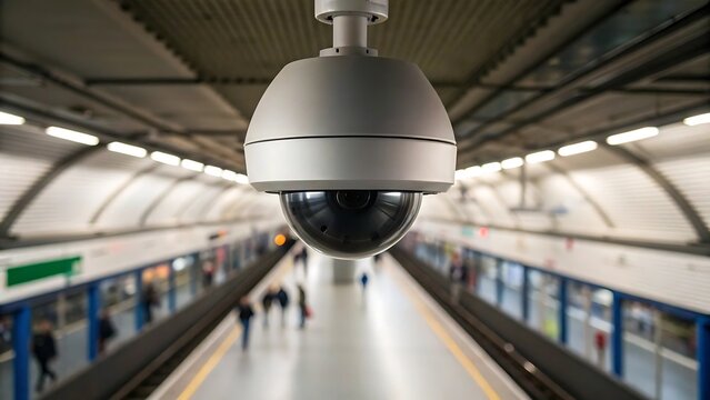 Hanging dome security camera monitoring public safety at a modern underground metro station platform in city