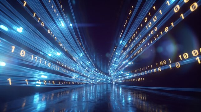 Futuristic binary data stream in high speed motion, glowing digital information tunnel, blue and gold fiber optic light trails for cyber security