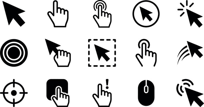 Computer mouse cursor and user interface pointer icons set with click action selection hand and arrow silhouettes