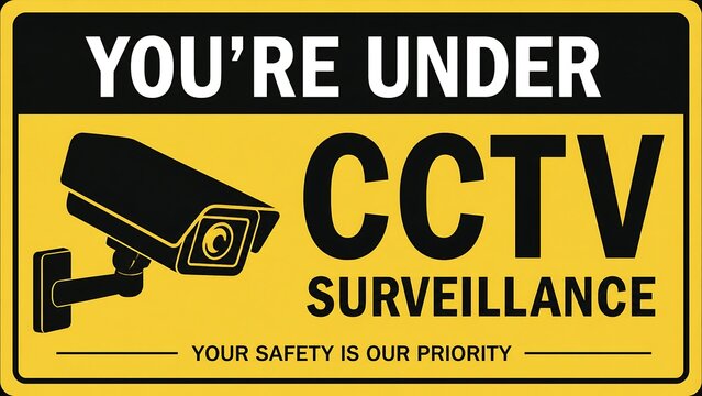 You are under CCTV surveillance yellow warning sign banner with security camera illustration