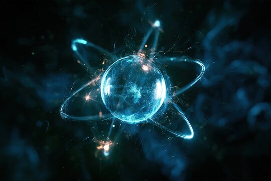 Abstract blue atomic structure glowing with energy rings for science and technology illustrations.