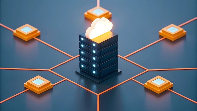 3D isometric render of a central server stack connected to glowing cloud computing chips on dark background