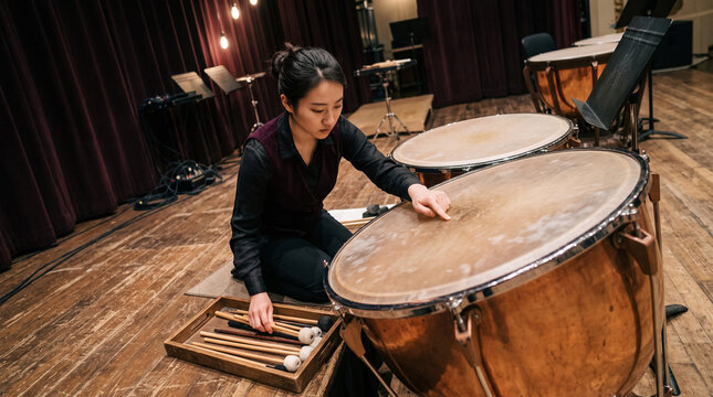 Percussionist readies timpani in the theater wings
