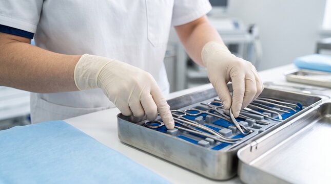 Gloved hands arrange instruments in sterilization tray