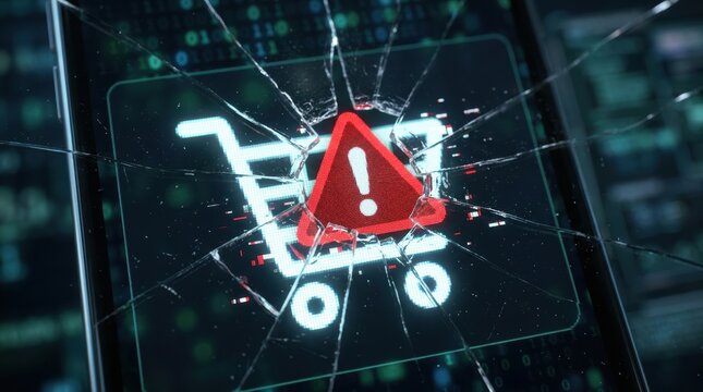 ecommerce warning shopping cart risk Smartphone screen with cracked glass showing shopping cart and warning icon.