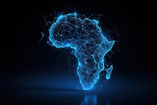 Glowing blue network grid mapping africa continent for global technology connectivity and communication.