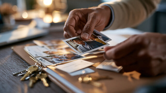 Photorealistic close-up of investigator hands sorting photographs, business cards without readable text, keys and case folder on desk, realistic skin and anatomy, shallow depth of