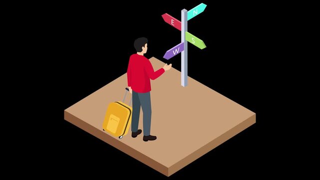Isometric Man with Suitcase at Directional Signpost Animation