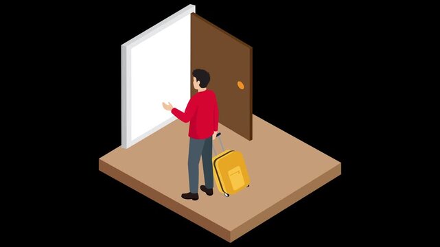 Isometric Traveler with Yellow Suitcase Entering Open Door