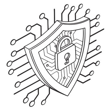 Isometric security shield icon with internal circuit board pattern and padlock