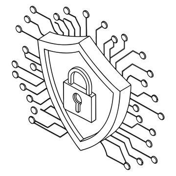 Isometric shield icon with padlock representing digital cybersecurity