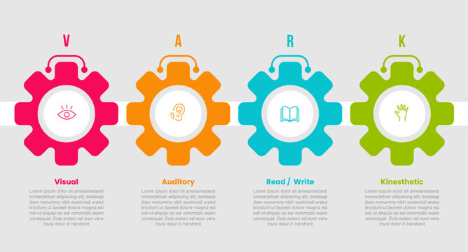vark infographic template with four point white background outline gear cog layout, flat style
