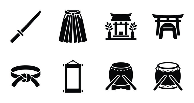 Japanese Culture Icons: Samurai Sword, Torii Gate, Shrine, Drum, Belt, Scroll