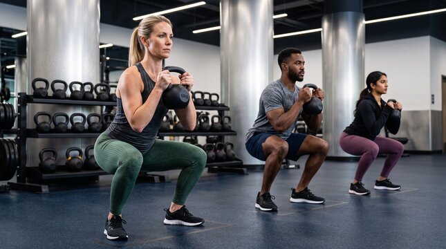 Kettlebell squats drive a small group strength class