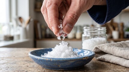 Fototapeta premium Chef pinches flaky sea salt for culinary tasting