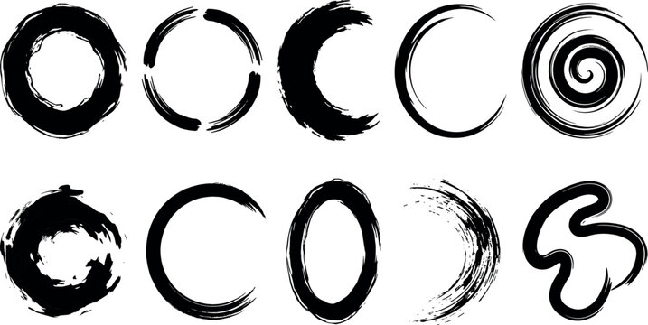 Japanese zen enso circles bundle with black ink brush strokes spiral swirls and calligraphic paint texture vectors