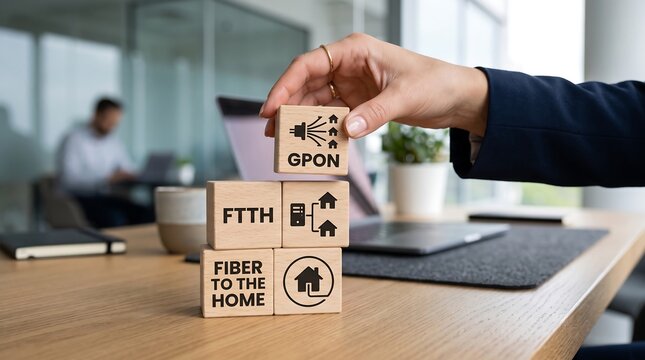 A businesswoman building a stack of wooden blocks with gpon and fiber to the home technology concept symbols