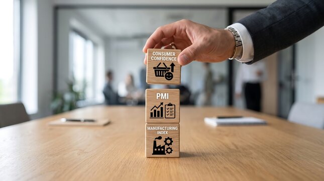 Businessman building a tower of wooden blocks with economic concepts like consumer confidence PMI and manufacturing index
